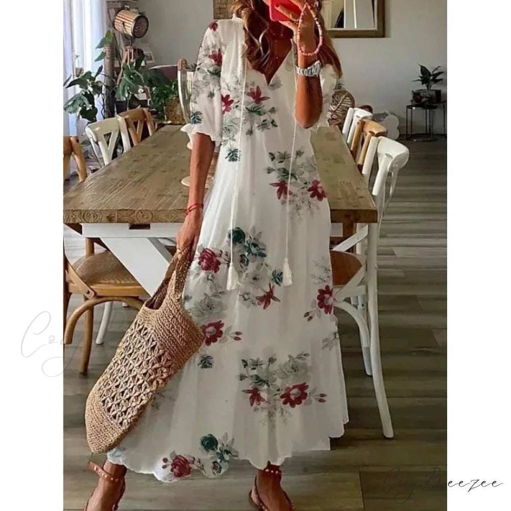 Bohemian Vintage Floral V-neck Summer Beach Dress GRAY / S oldfloraldress-250126
