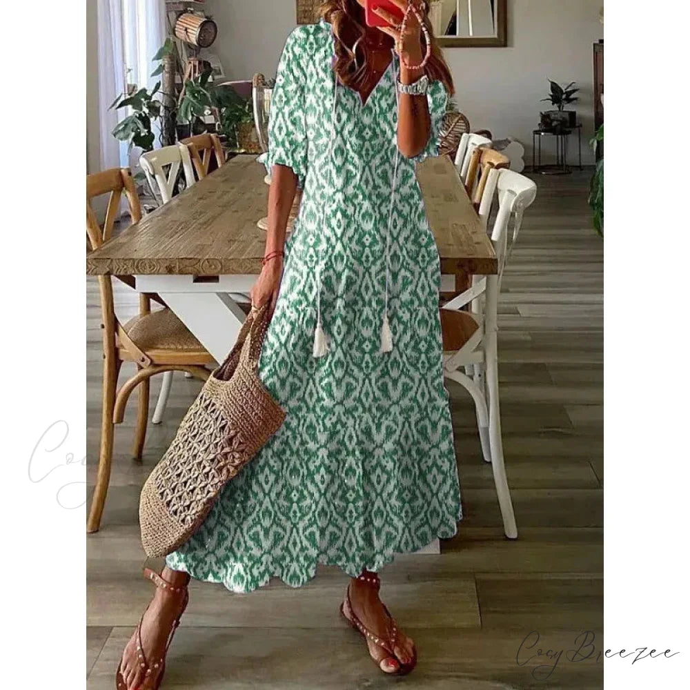 Bohemian Vintage Floral V-neck Summer Beach Dress Green / S oldfloraldress-250126