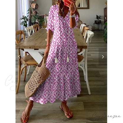 Bohemian Vintage Floral V-neck Summer Beach Dress Light Blue / S oldfloraldress-250126