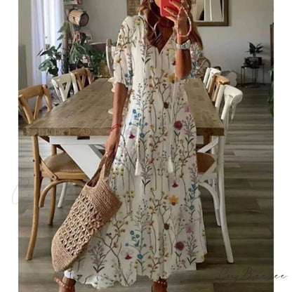Bohemian Vintage Floral V-neck Summer Beach Dress Mixed Color / S oldfloraldress-250126