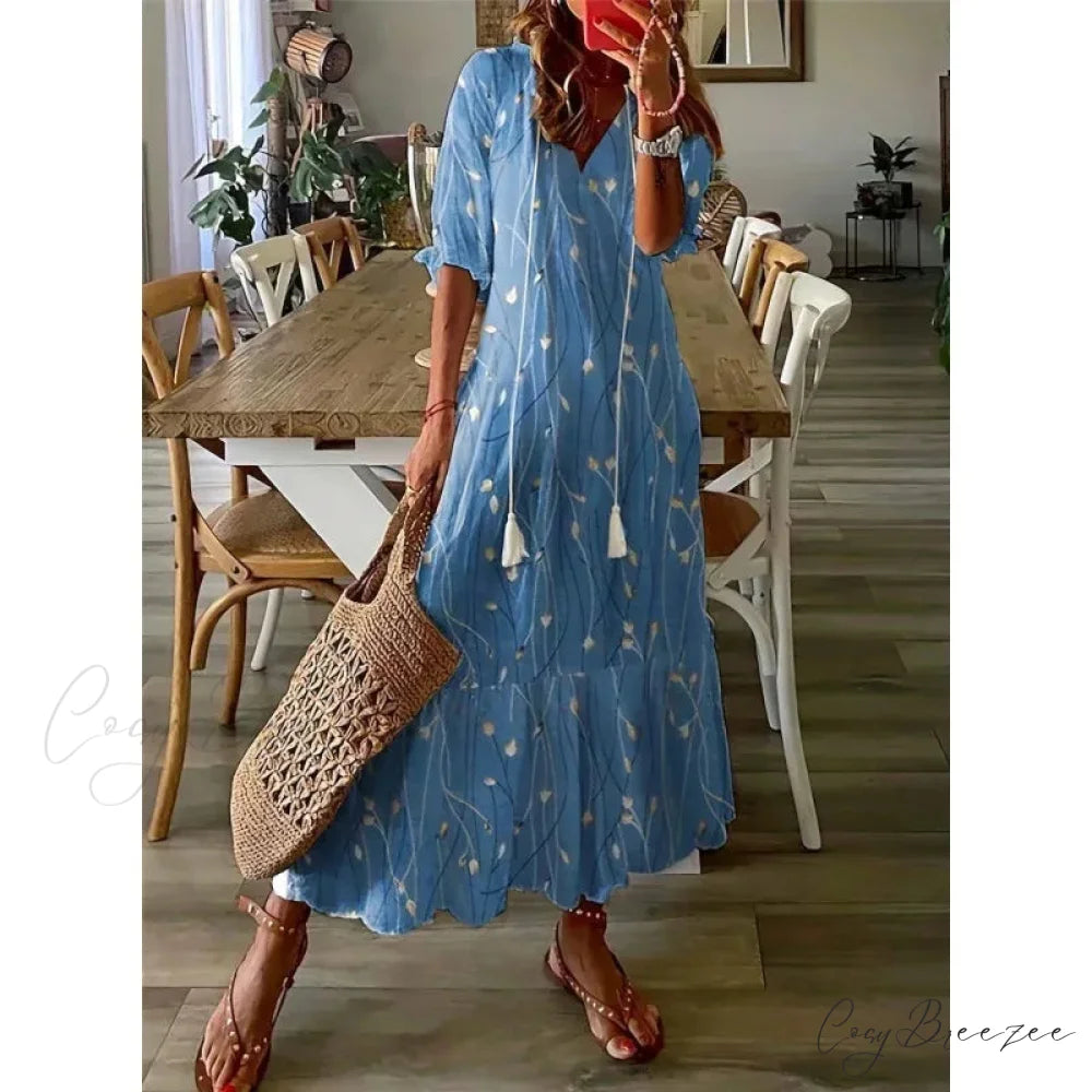 Bohemian Vintage Floral V-neck Summer Beach Dress Navy Blue / S oldfloraldress-250126