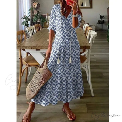 Bohemian Vintage Floral V-neck Summer Beach Dress oldfloraldress-250126