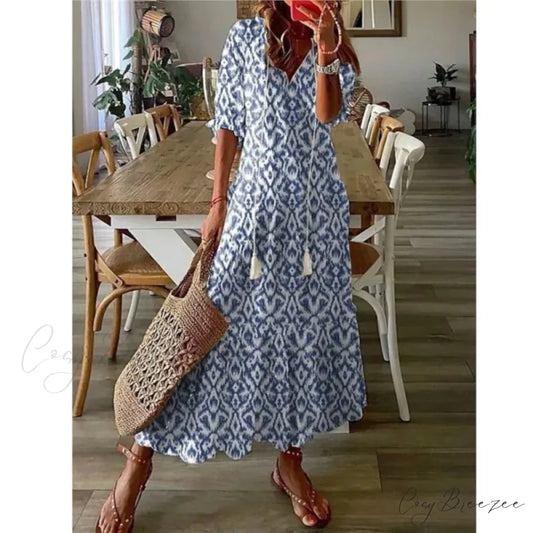 Bohemian Vintage Floral V-neck Summer Beach Dress oldfloraldress-250126