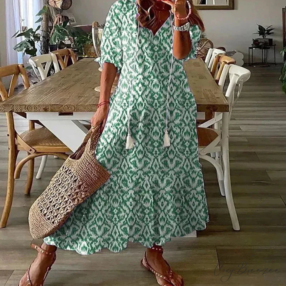 Bohemian Vintage Floral V-neck Summer Beach Dress oldfloraldress-250126
