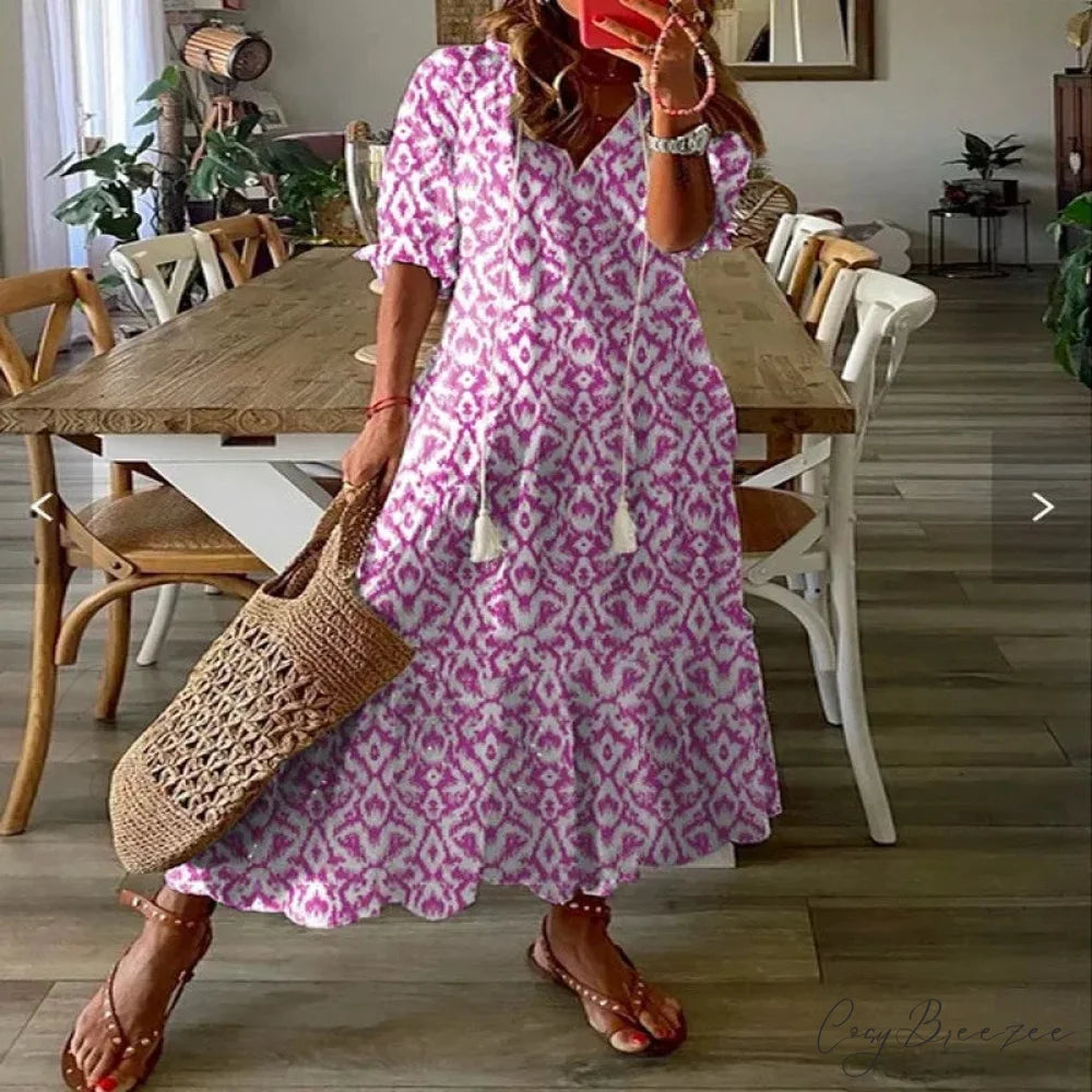 Bohemian Vintage Floral V-neck Summer Beach Dress oldfloraldress-250126