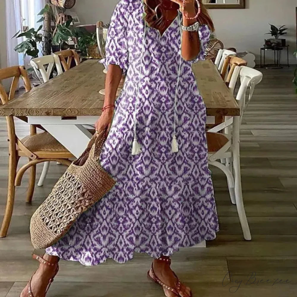 Bohemian Vintage Floral V-neck Summer Beach Dress oldfloraldress-250126