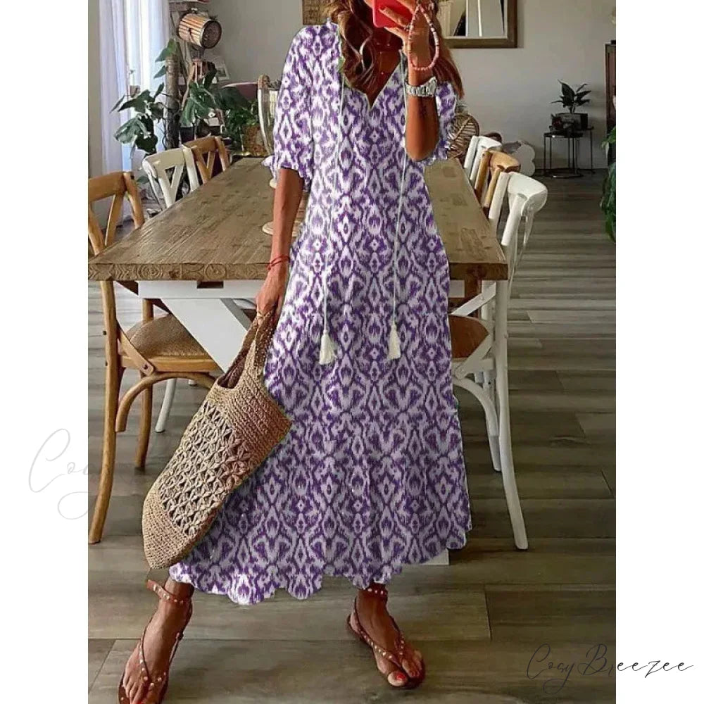 Bohemian Vintage Floral V-neck Summer Beach Dress PURPLE / S oldfloraldress-250126
