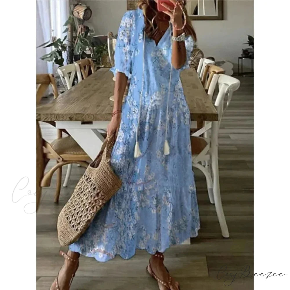 Bohemian Vintage Floral V-neck Summer Beach Dress SKY BLUE / S oldfloraldress-250126