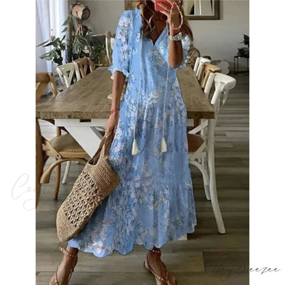 Bohemian Vintage Floral V-neck Summer Beach Dress SKY BLUE / S oldfloraldress-250126