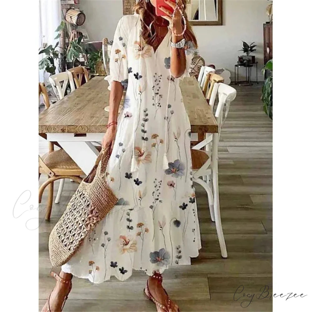 Bohemian Vintage Floral V-neck Summer Beach Dress WHITE / S oldfloraldress-250126