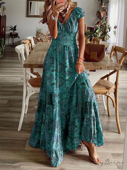 Bohemian Waisted Stylish Floral Print Dress Green / S
