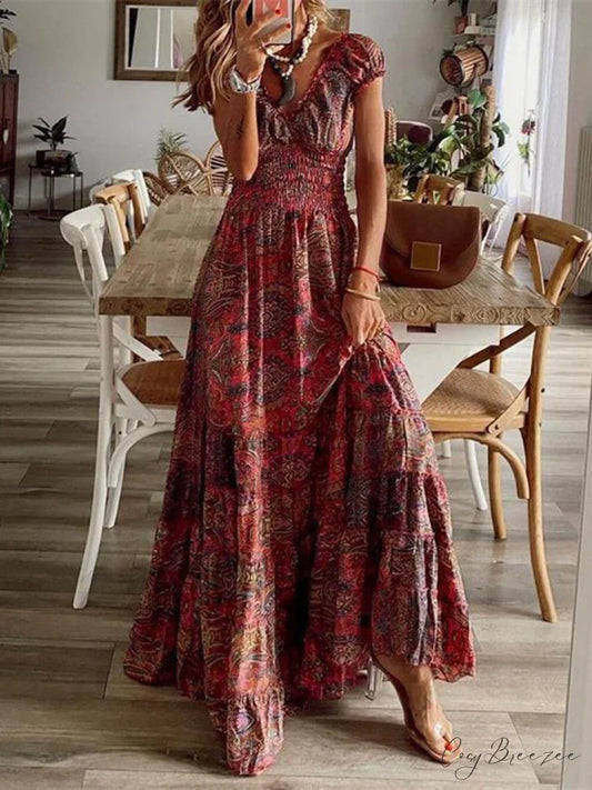 Bohemian Waisted Stylish Floral Print Dress Wine Red / S