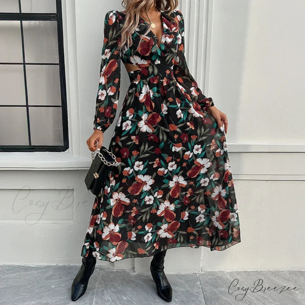Boho Beach Deep V Neck Maxi Dress Black / S bohodress-250126