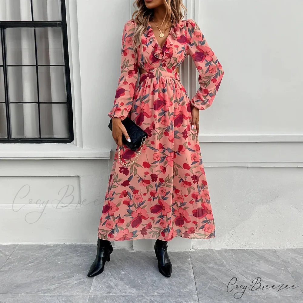 Boho Beach Deep V Neck Maxi Dress Pink / S bohodress-250126