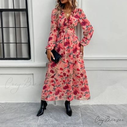 Boho Beach Deep V Neck Maxi Dress Pink / S bohodress-250126