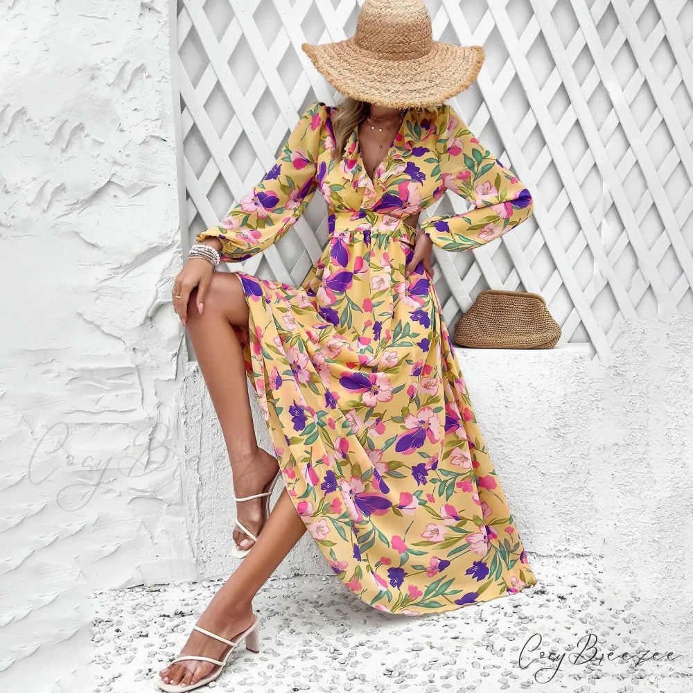 Boho Beach Deep V Neck Maxi Dress Yellow / S bohodress-250126