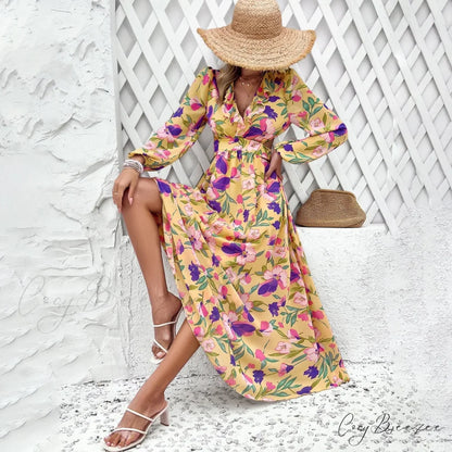 Boho Beach Deep V Neck Maxi Dress Yellow / S bohodress-250126