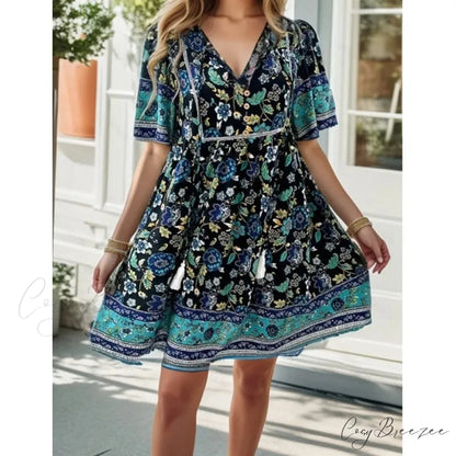 Boho Beach Floral Print Mini Dress oldfloraldress-250126