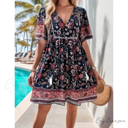 Boho Beach Floral Print Mini Dress oldfloraldress-250126