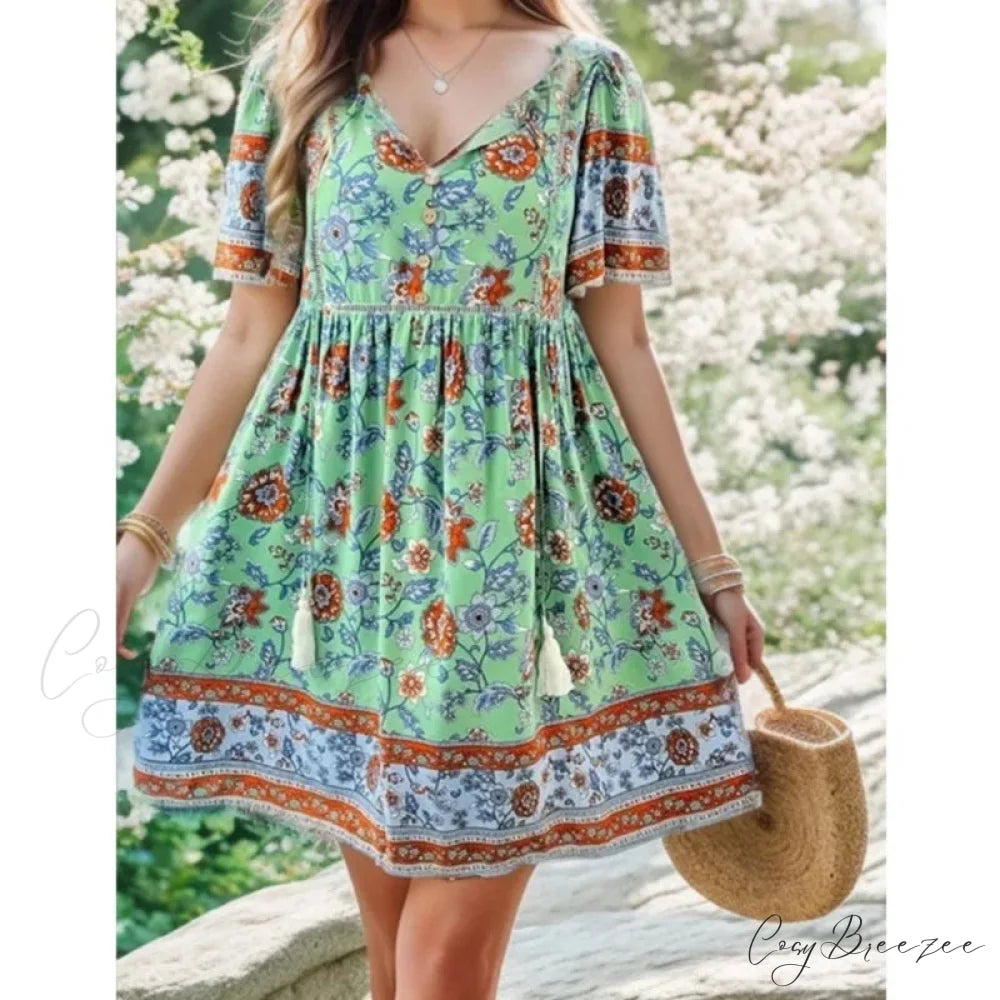 Boho Beach Floral Print Mini Dress oldfloraldress-250126