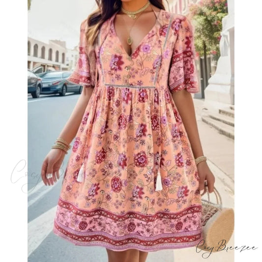 Boho Beach Floral Print Mini Dress oldfloraldress-250126