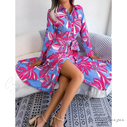 Boho Beach Holiday Floral Shirt Dress oldfloraldress-250126