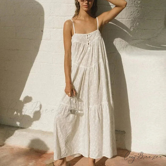 Boho Beach White Cotton Lace A-line Dress WHITE / S bohodress-250126