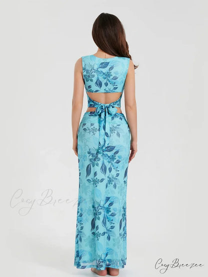 Boho Blue Floral Back Bandage Tank Dress floraldress-250126