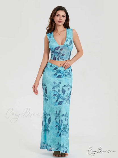 Boho Blue Floral Back Bandage Tank Dress floraldress-250126