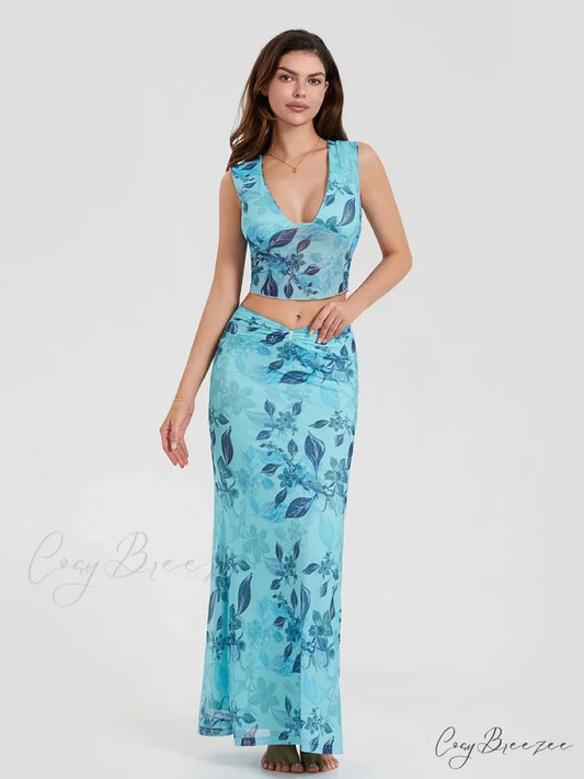 Boho Blue Floral Back Bandage Tank Dress floraldress-250126