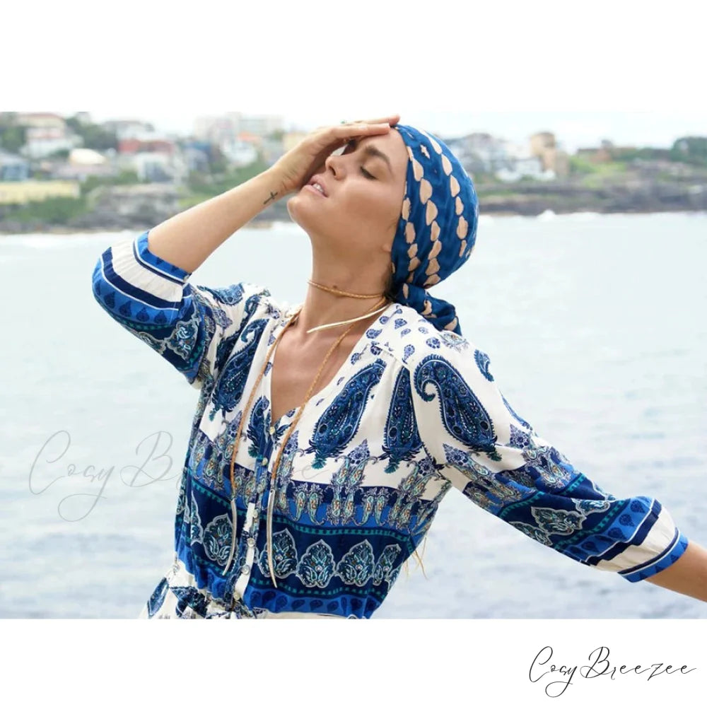 Boho Blue Floral Print V-neck Drawstring Waist Summer Dress bohodress-250126