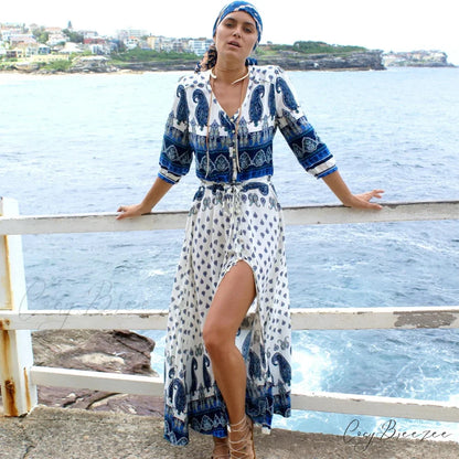 Boho Blue Floral Print V-neck Drawstring Waist Summer Dress bohodress-250126