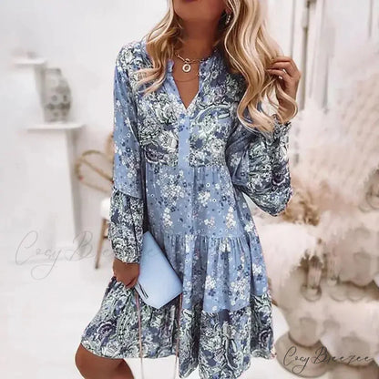 Boho Casual V-neck Loose A-line Beach Party Dress Blue / S oldfloraldress-250126