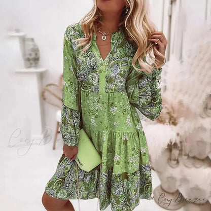Boho Casual V-neck Loose A-line Beach Party Dress Green / S oldfloraldress-250126