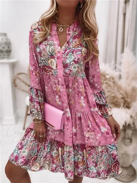 Boho Casual V-neck Loose A-line Beach Party Dress oldfloraldress-250126