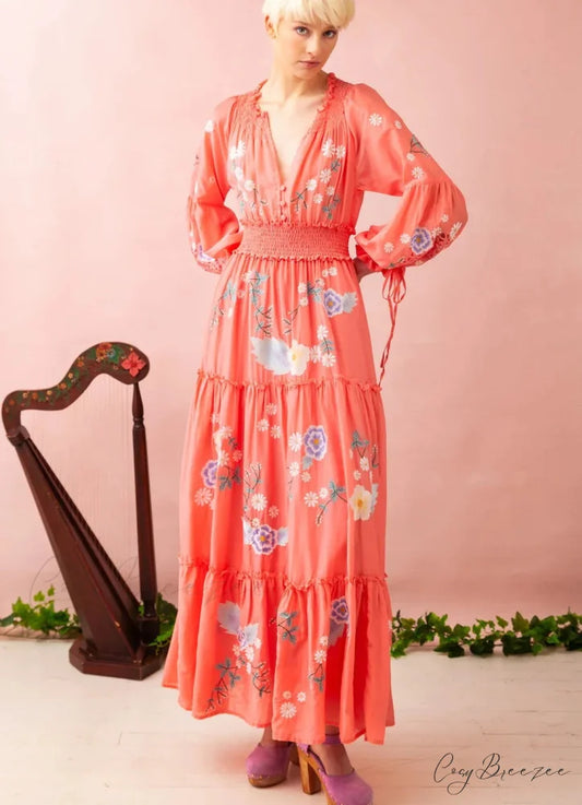 Boho Embroidery Floral Deep V High Waist Dress Orange / S bohodress-250126
