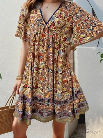 Boho Floral Mini V-neck Short Sleeve Beach Dress oldfloraldress-250126