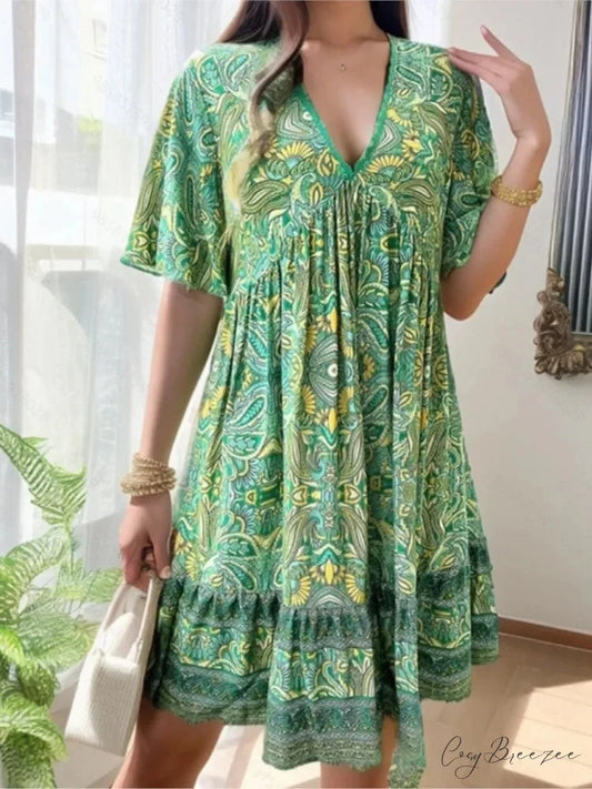 Boho Floral Mini V-neck Short Sleeve Beach Dress oldfloraldress-250126