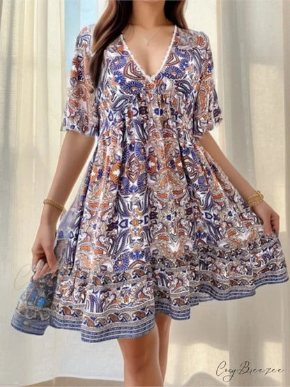 Boho Floral Mini V-neck Short Sleeve Beach Dress oldfloraldress-250126