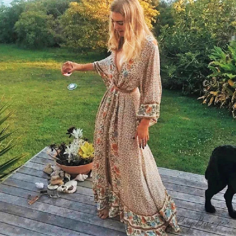Boho Floral Print Maxi Dress Khaki / S bohodress-250126