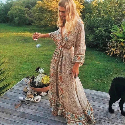 Boho Floral Print Maxi Dress Khaki / S bohodress-250126