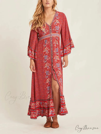 Boho Floral Print Maxi Dress Red / S bohodress-250126