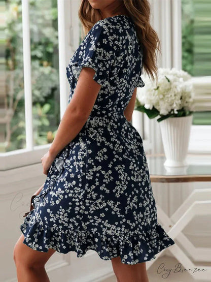 Boho Floral Ruffles V-neck A-line Mini Dress oldfloraldress-250126