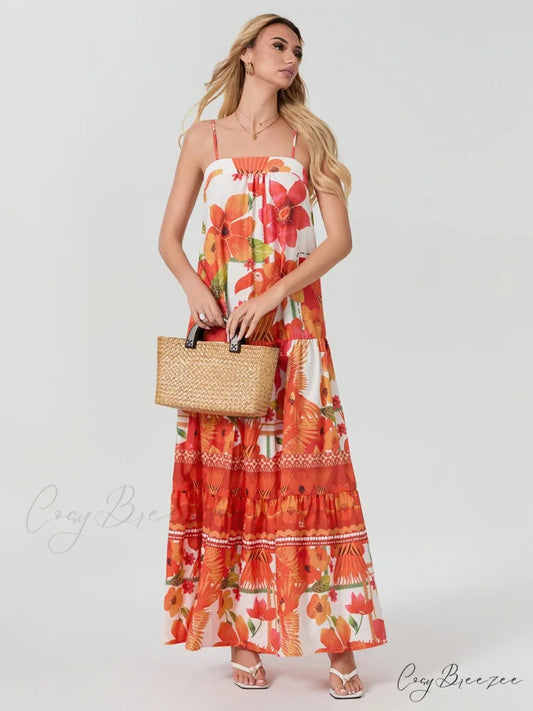 Boho Flowy Leaves Floral Ruched A-Line Dress floraldress-250126