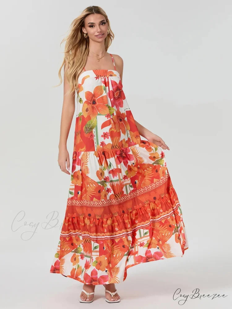 Boho Flowy Leaves Floral Ruched A-Line Dress ORANGE / S floraldress-250126
