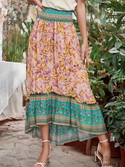 Boho High Waist Ruffled Floral Maxi Skirt Rayon Beach Femme Green / S skirt-250126
