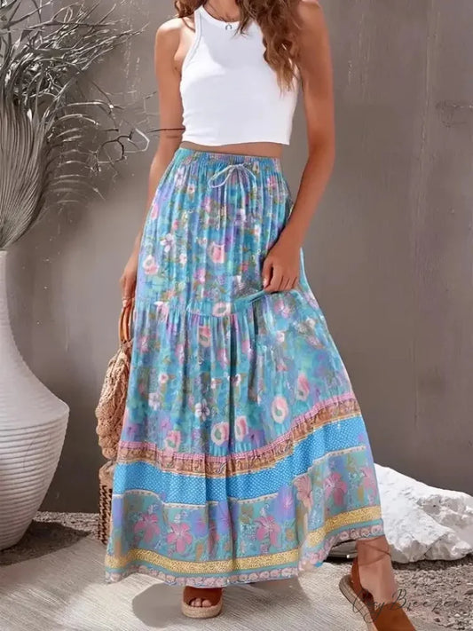 Boho High Waist Viscose Maxi Skirt A-line Ruffled Floral Print Blue / S skirt-250126