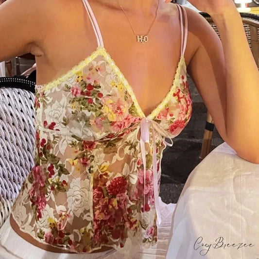 Boho Lace Mesh Tie-Up Front V Neck Crop Top Type 1 / S croptop-250126