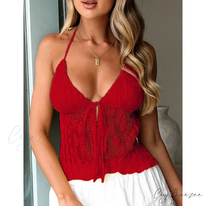 Boho Lace Tie-Up Crop Top red / S croptop-250223