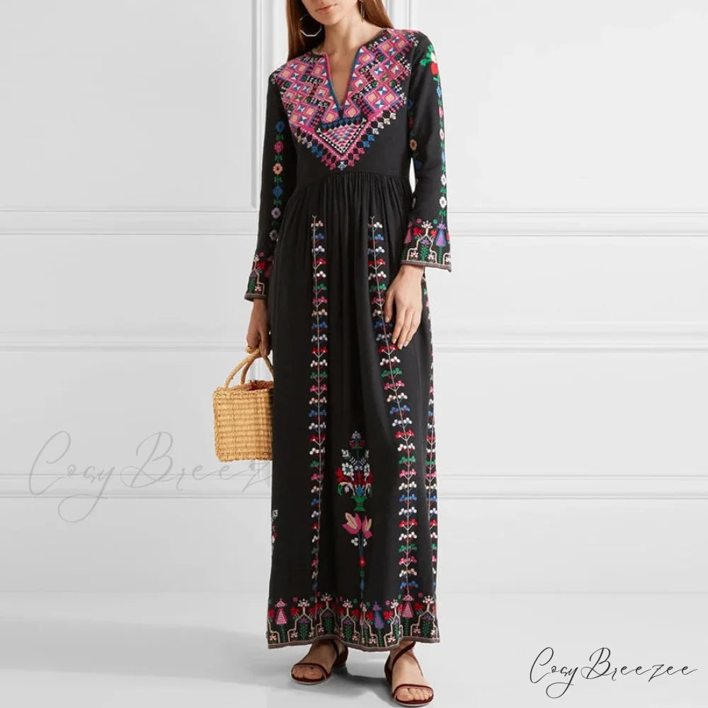 Boho Long Dress Ethnic Floral Embroidery Rayon V-neck Chic Dress bohodress-250126